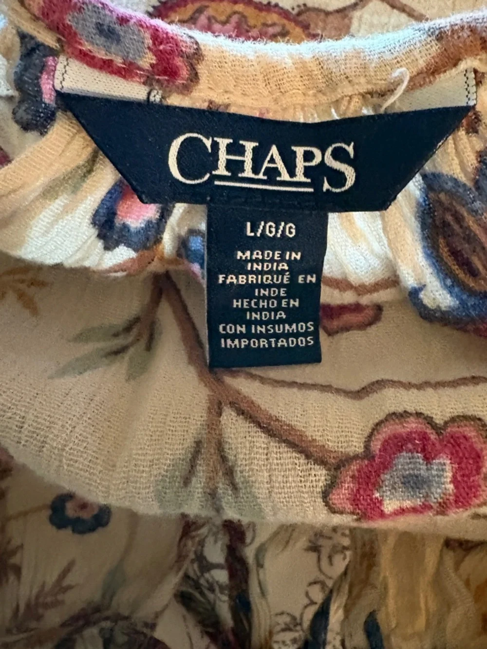 Chaps Floral Peasant Top in Cream, Burgundy and Blue - Picture 3 of 3
